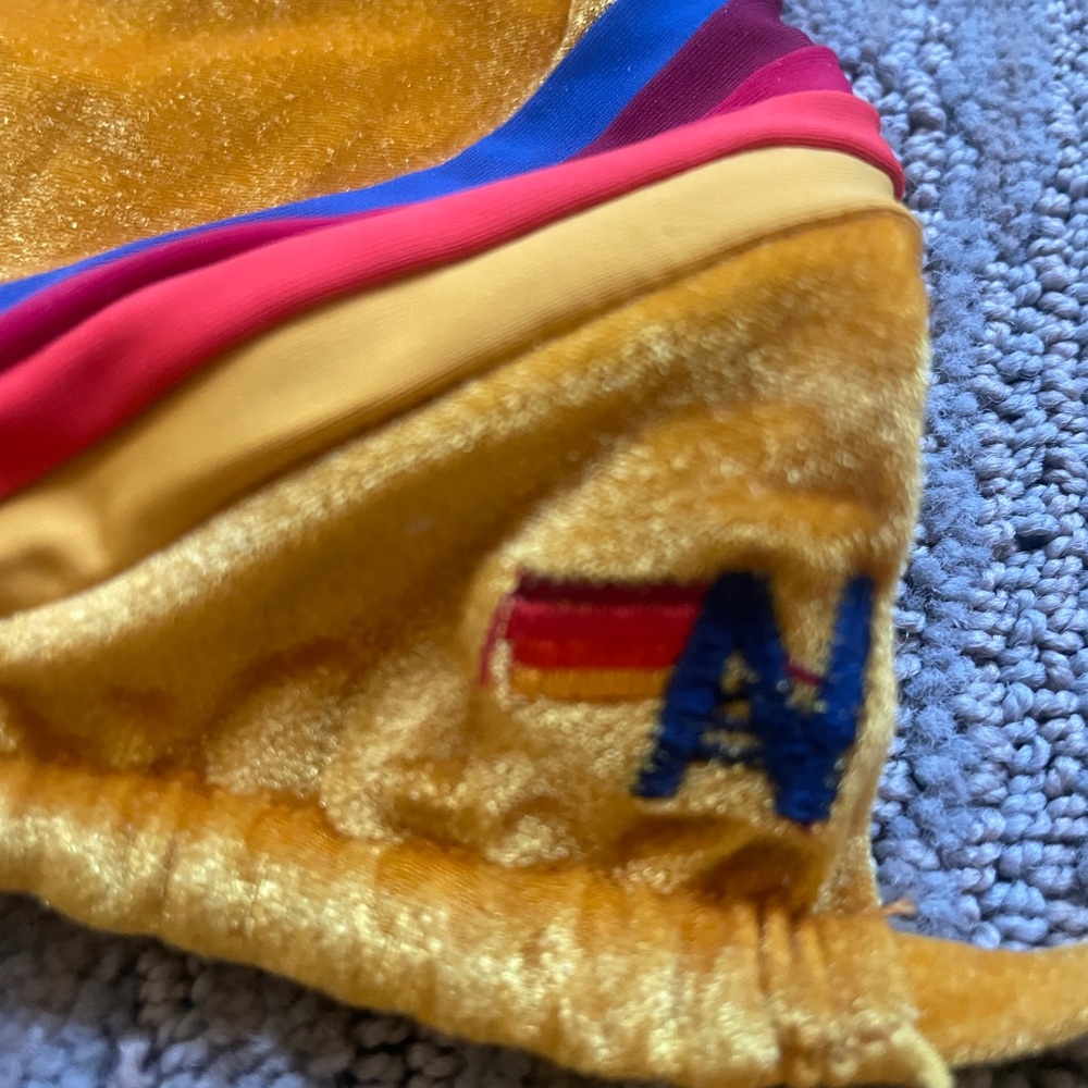 Aviator Nation Gold Yellow Velvet Triangle Bikini with Rainbow Stripes - Picture 4 of 6